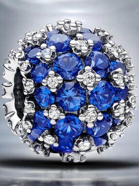 NEW Authentic Pandora Silver Charm Sparkling PAVE ROUND BLUE Charm #792630C02